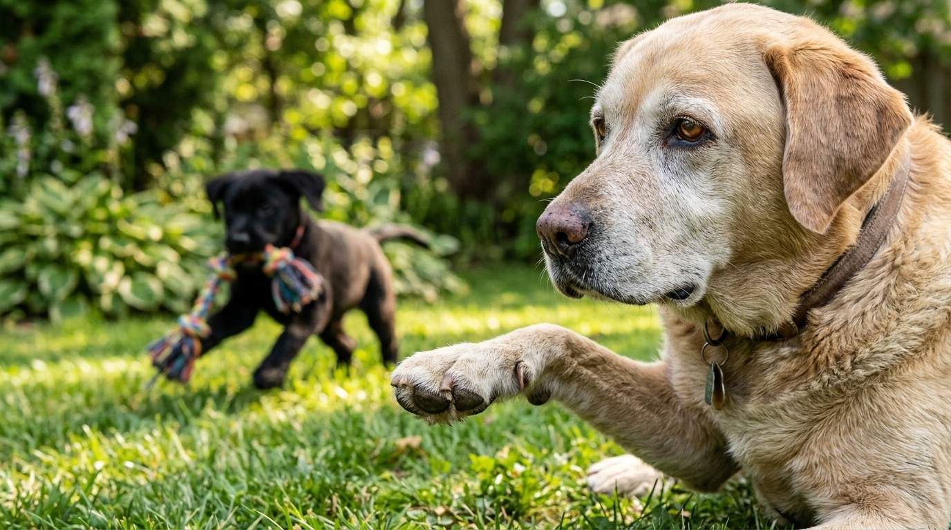 Elderly Dog's Hesitant Paw Pause: Social Snub or Silent Cry?