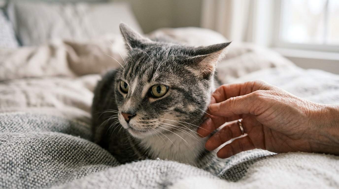 Senior cat's ear flattens subtly against approaching hand&mdash;grumpiness or hidden signal?