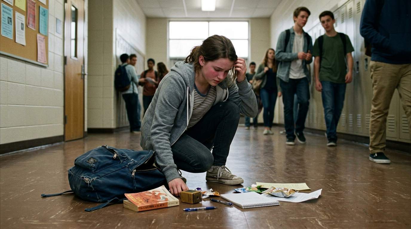 My backpack broke in the crowded hall and everyone saw what fell out.