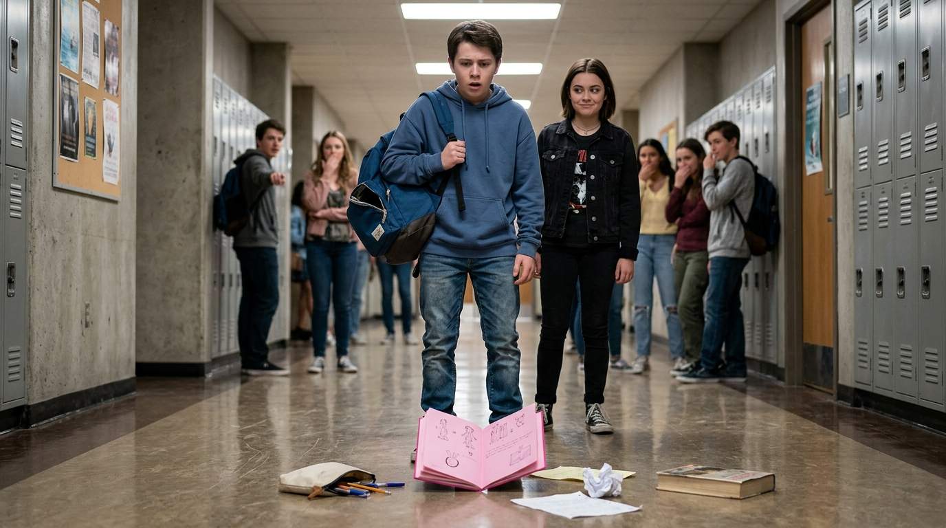 My backpack popped open in the crowded hall.