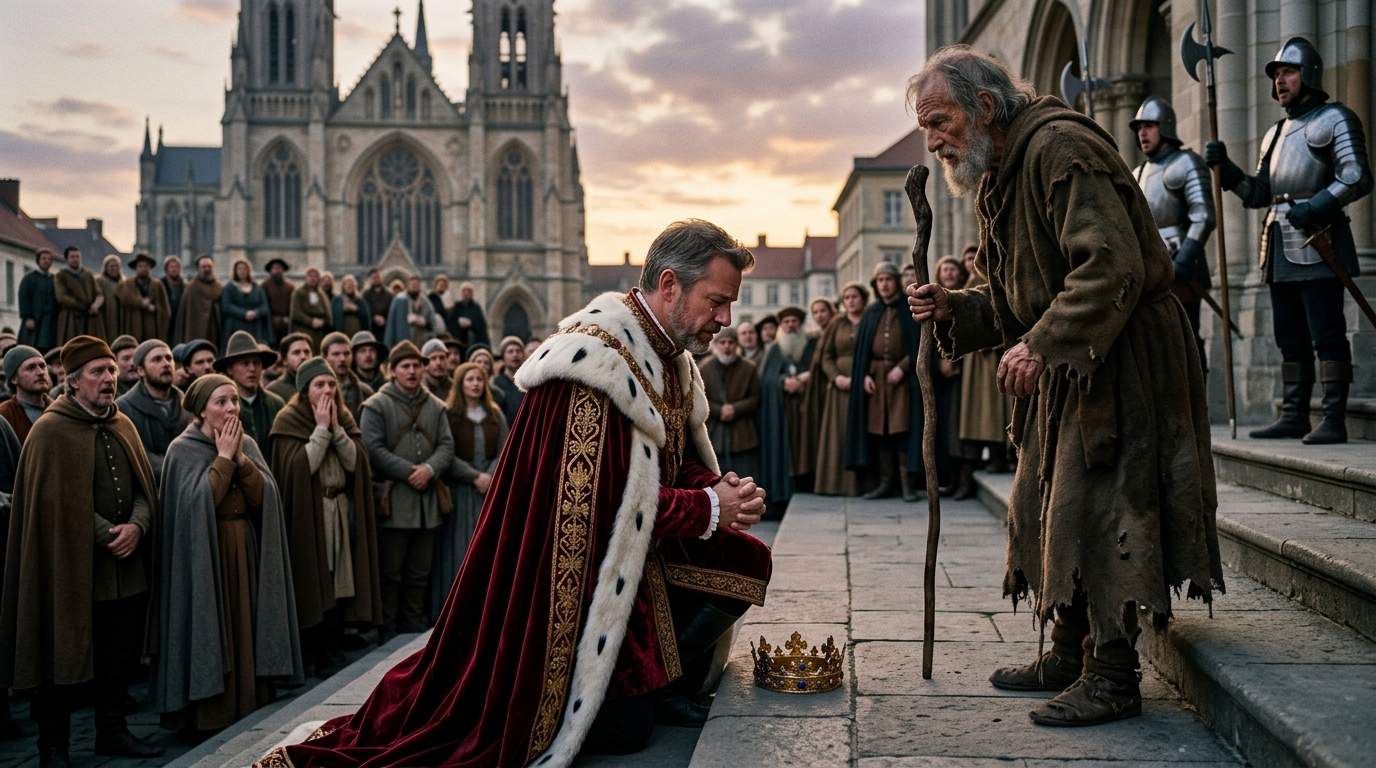 Royal King Kneels Before Ragged Beggar in Shocking Public Display: Kingdom Reels from Unforeseen Prophecy