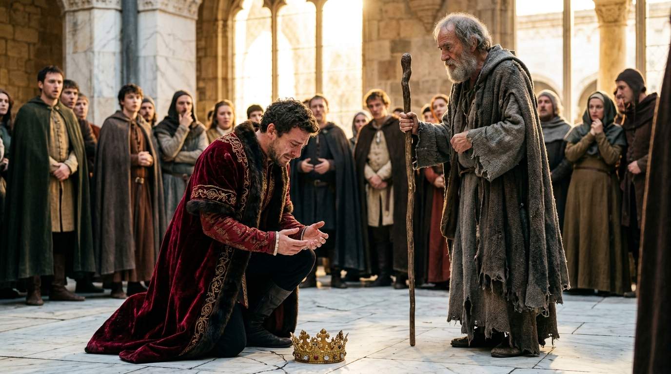 Royal Ceremony Halted: King Theron's Shocking Kneeling Before a Ragged Stranger Unearths Decades-Old Royal Mystery