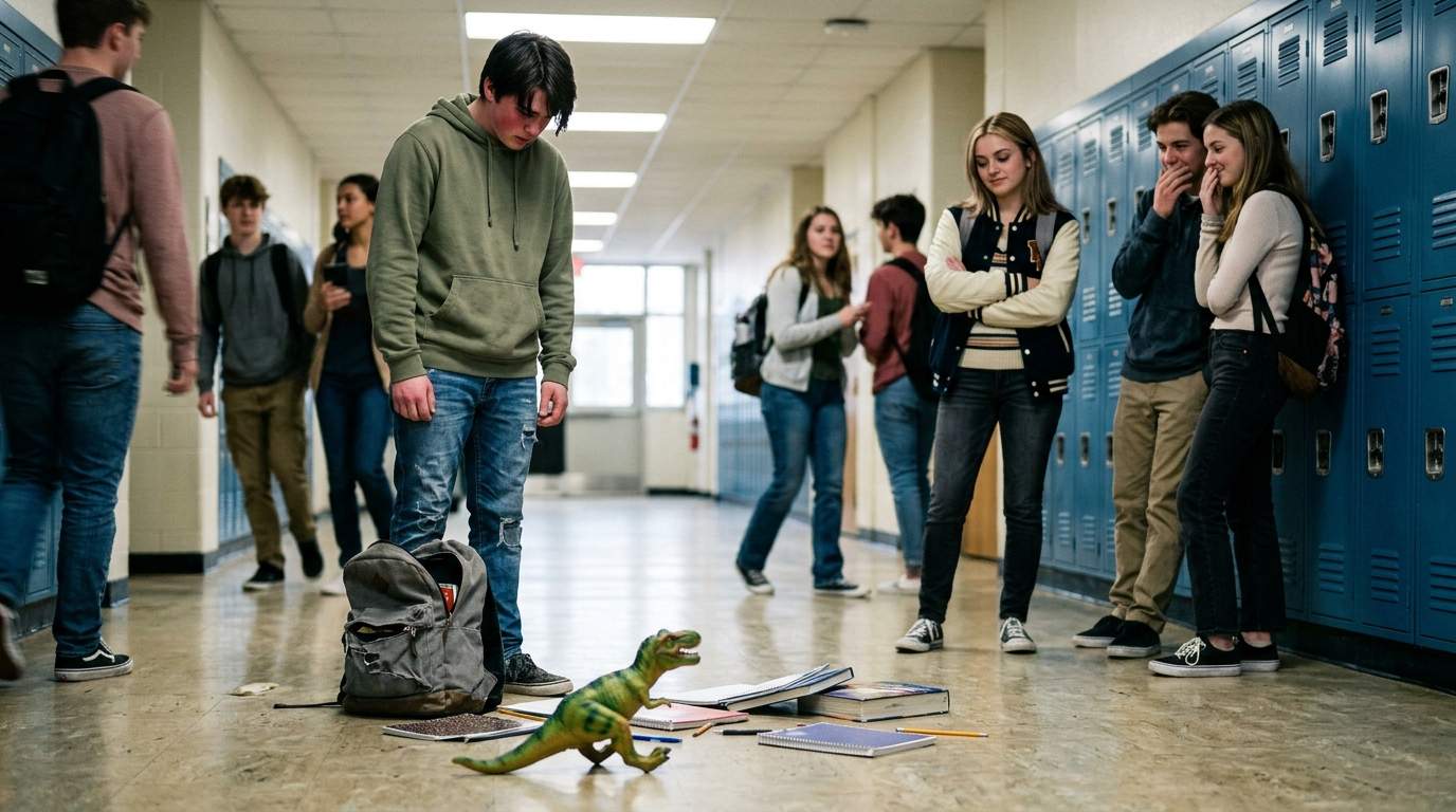 The way my backpack ripped open by the math class, and everyone saw my brother's dinosaur.