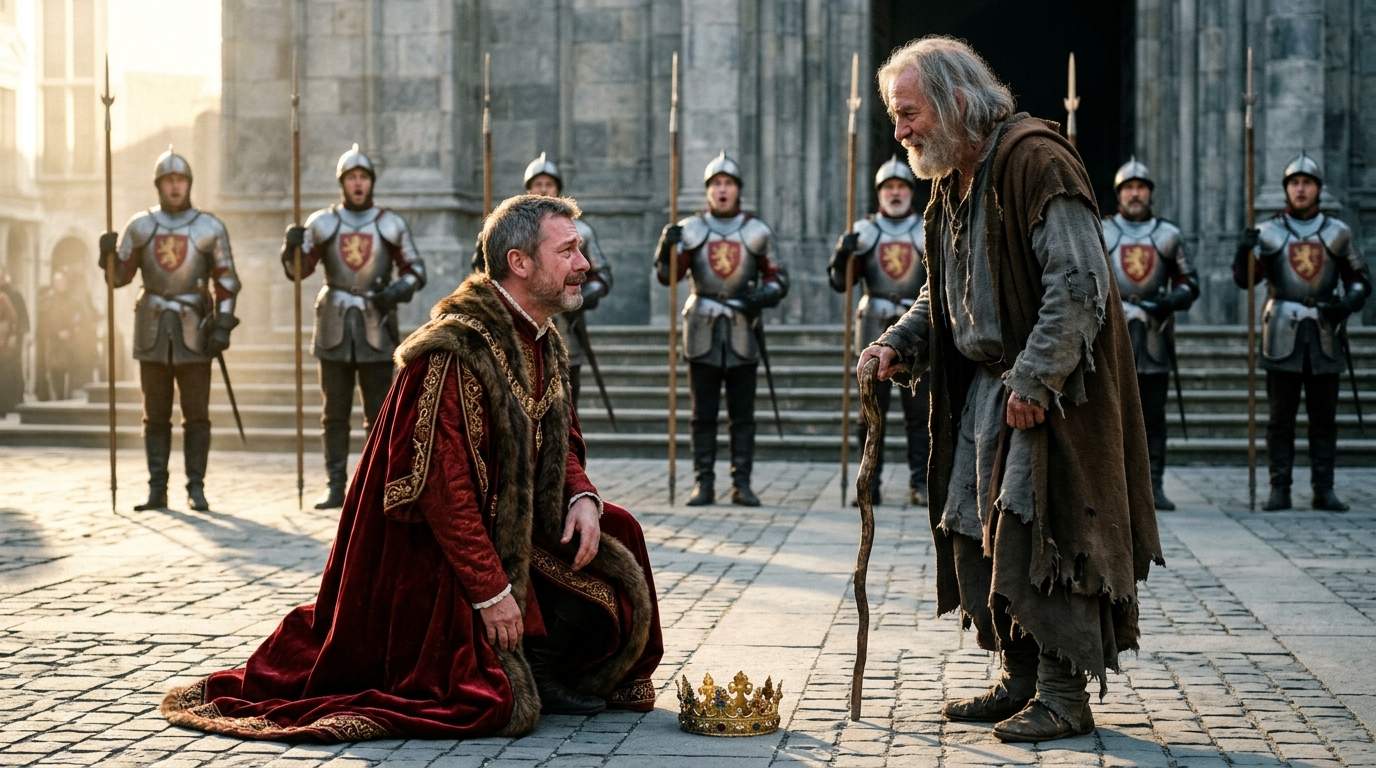 UNBELIEVABLE: King Abandons Crown Dignity, Kneels Before Tattered Stranger In Royal Square!