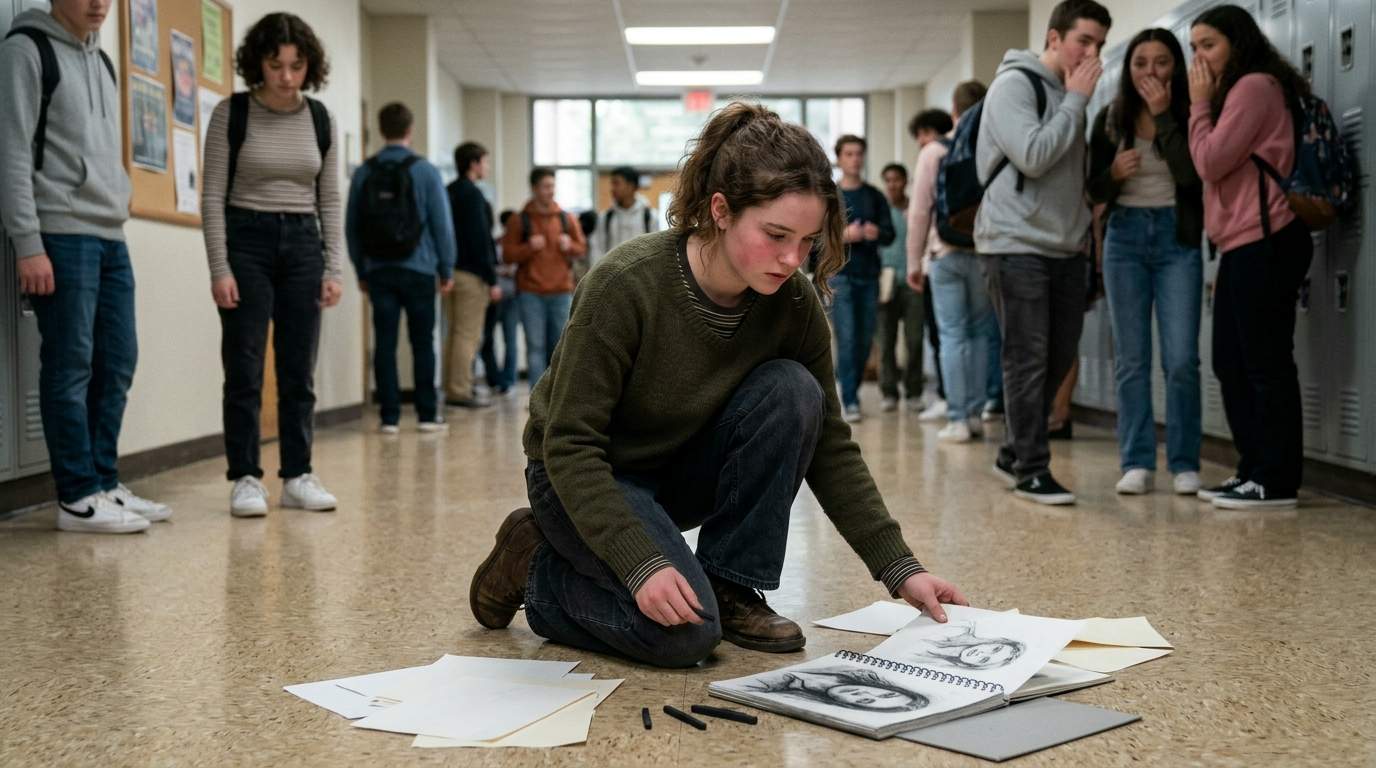 My new sketchbook hit the floor in the crowded hallway.