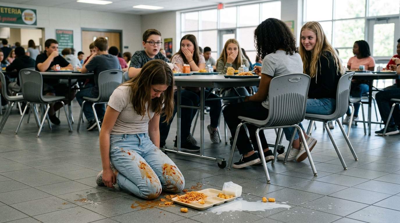 I still see the cafeteria floor where my lunch tray went flying.
