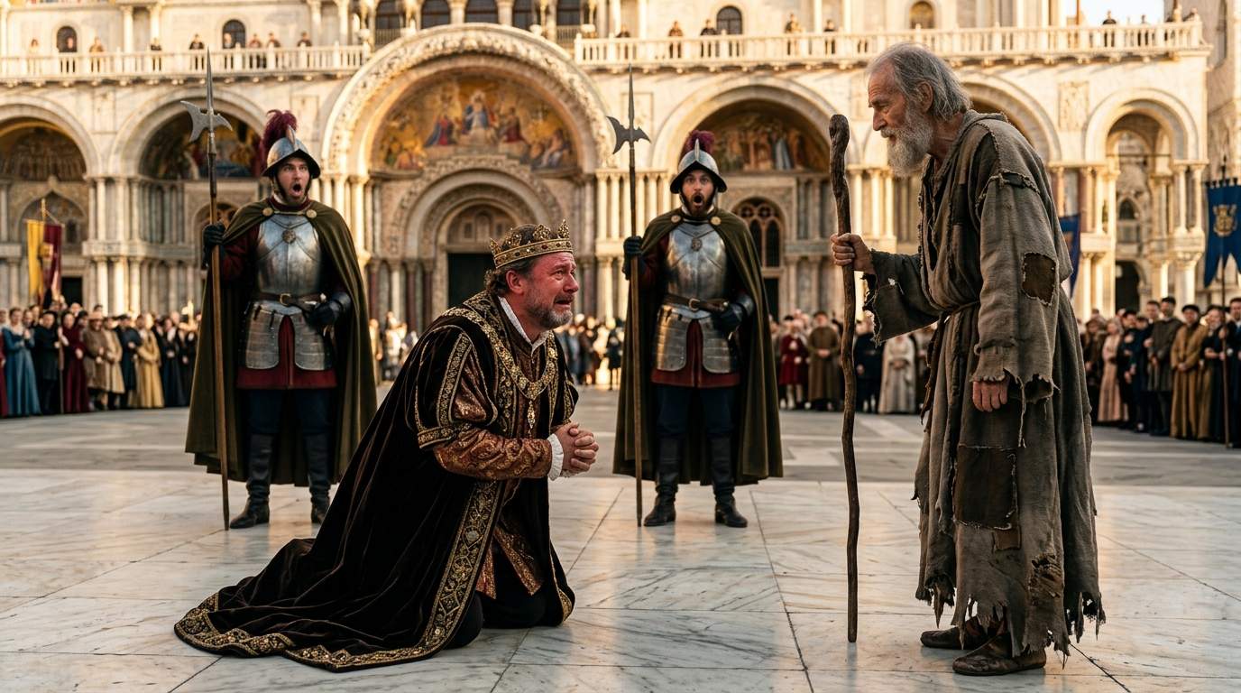 Royal Ceremony Interrupted: Guards Attack Beggar, But King's Unprecedented Kneeling Reveals Ancient Prophecy and Shocks the Entire Kingdom.