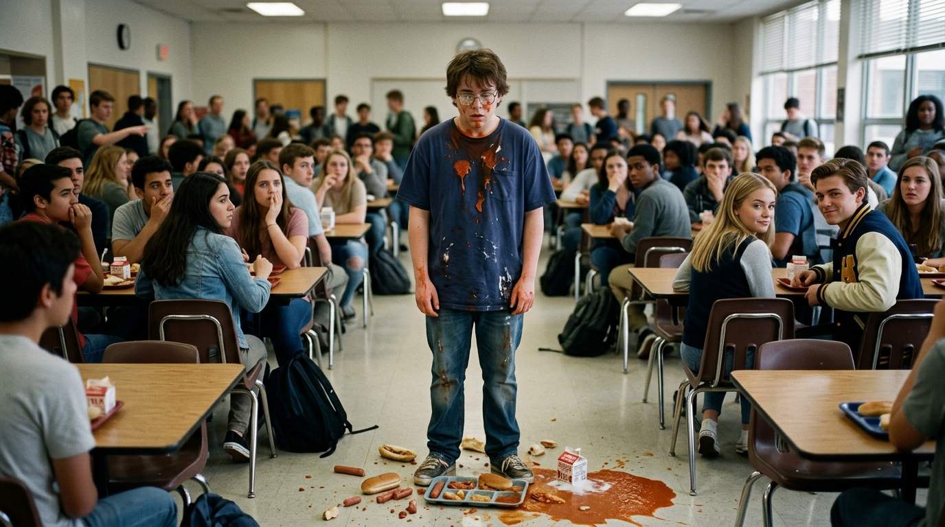 The cafeteria went silent when my entire tray flipped.