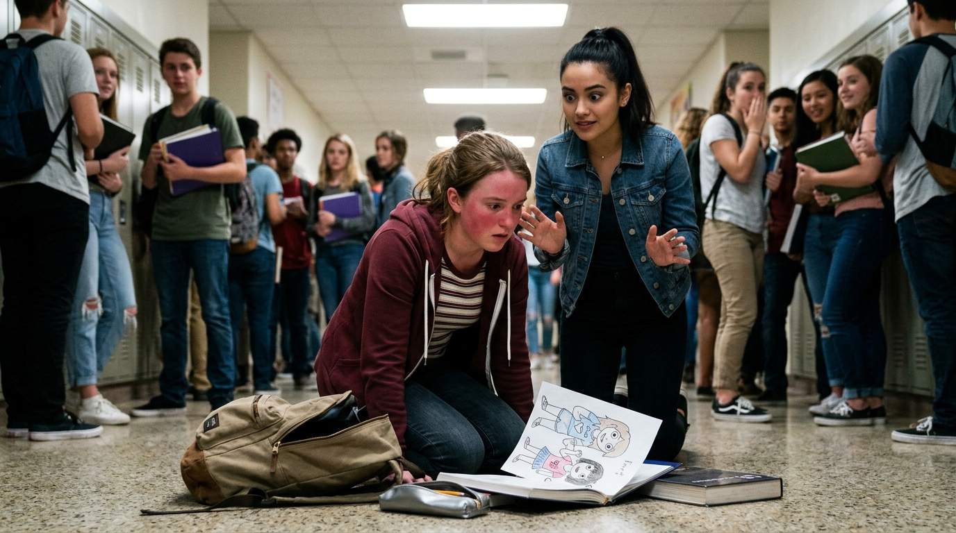 My backpack spilled in the hall and everyone saw what Maya did.