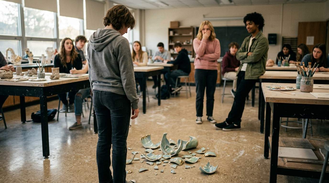My ceramic sculpture exploded on the art room floor.