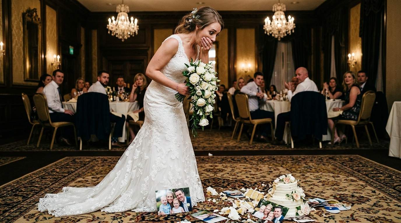 I saw my wedding cake crash, revealing my fiancé’s secret family photos hidden right inside it.