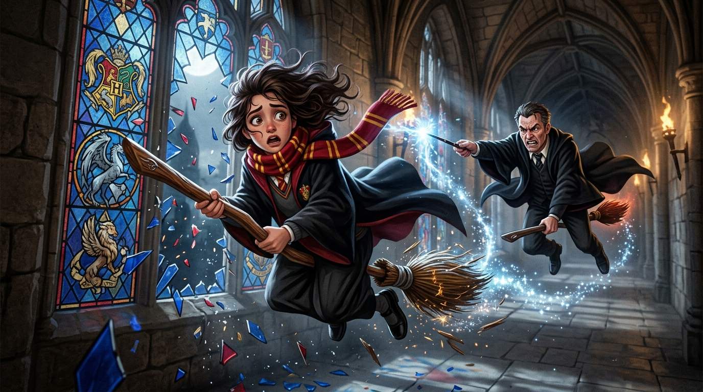 Unleashed Power! This Hogwarts Student's Magic Lesson Went Horribly Wrong When Her Flying Broom Had Other Plans.