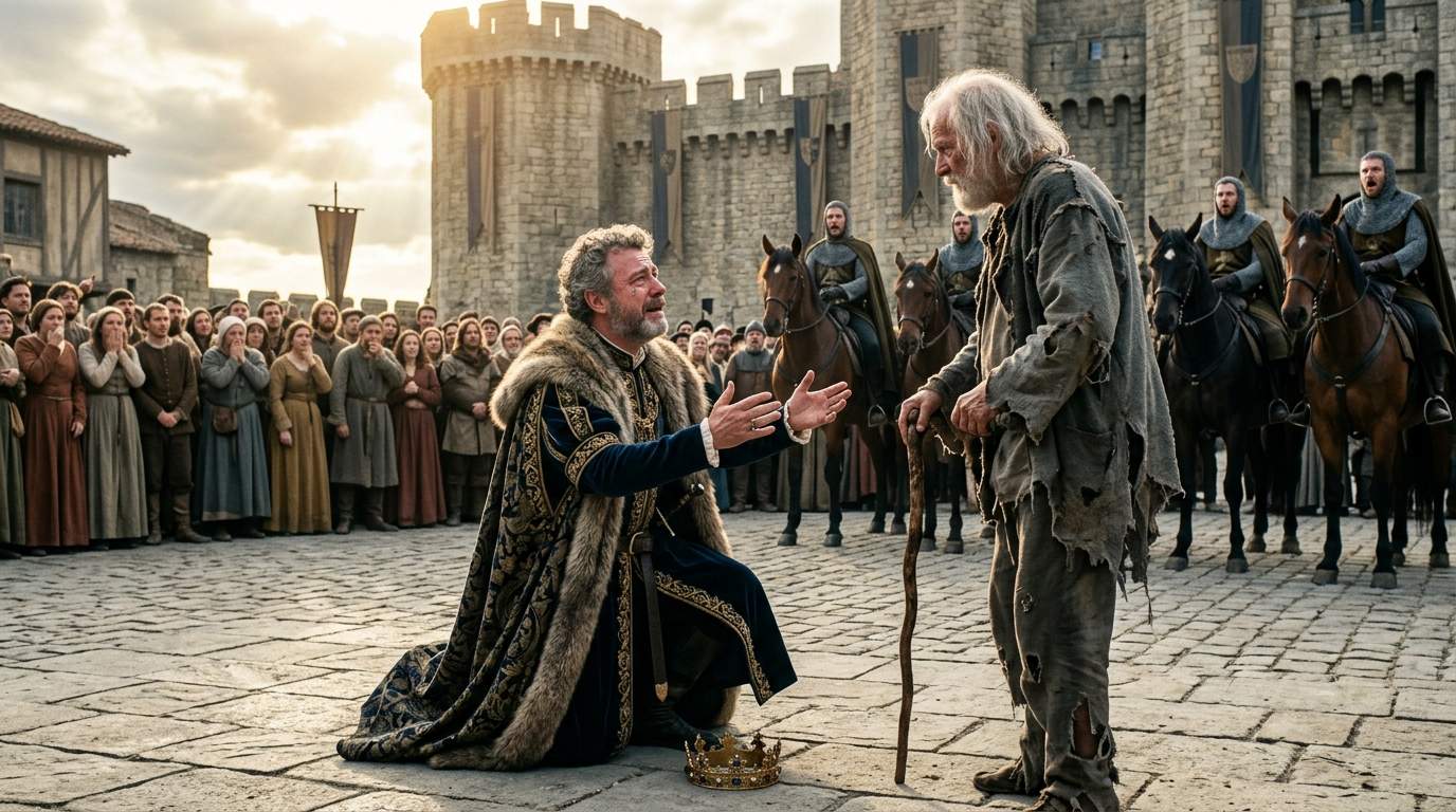 Palace Square Stunned: The Royal King Kneels Before a Ragged Beggar, Revealing a Forgotten Kingdom Mystery!
