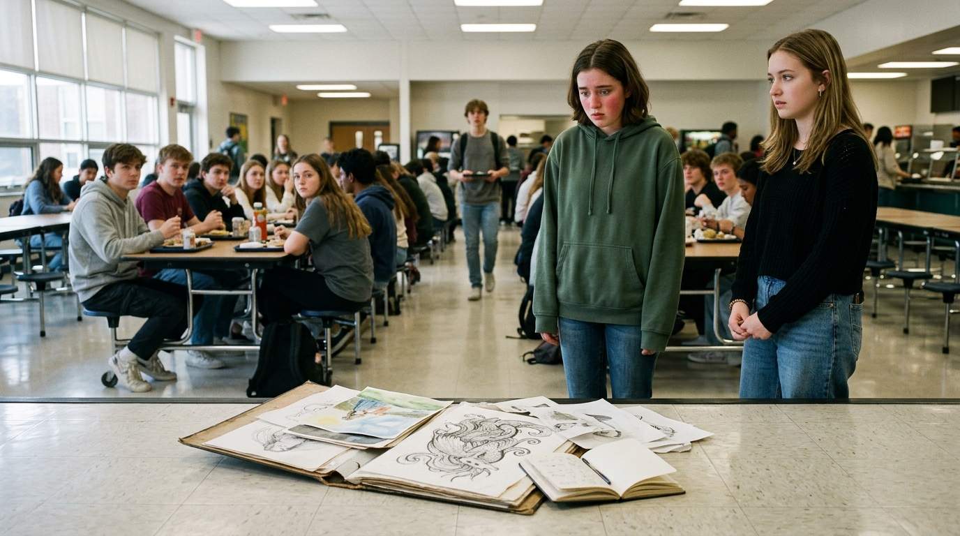 I still see my sketchbook pages scattered across the cafeteria floor.