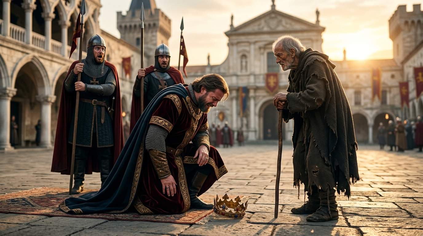UNBELIEVABLE Royal Secret: King Abandons Crown, Kneels Before Old Beggar During Grand Palace Ceremony – What Hidden IDENTITY Sparked This Royal Mystery?