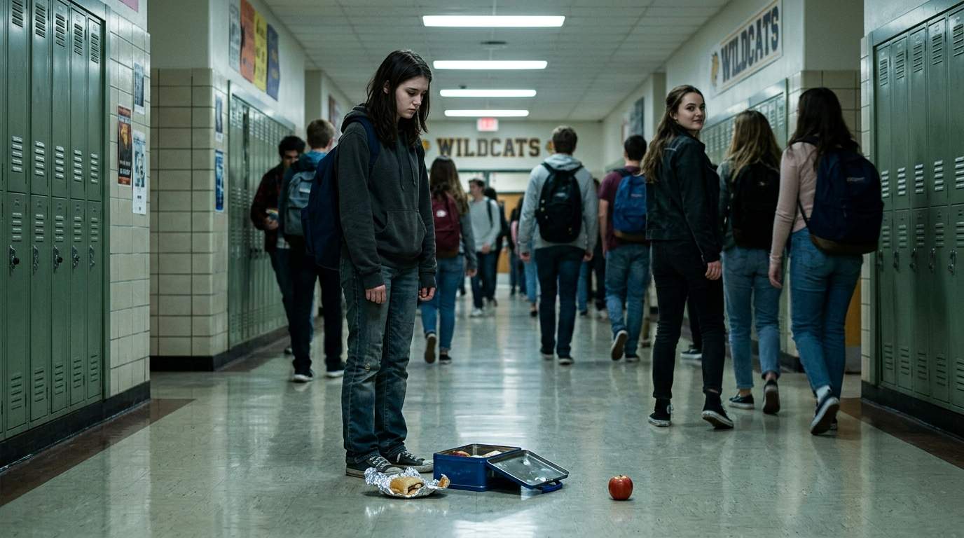 I still remember the crunch of my lunchbox on the hallway floor.