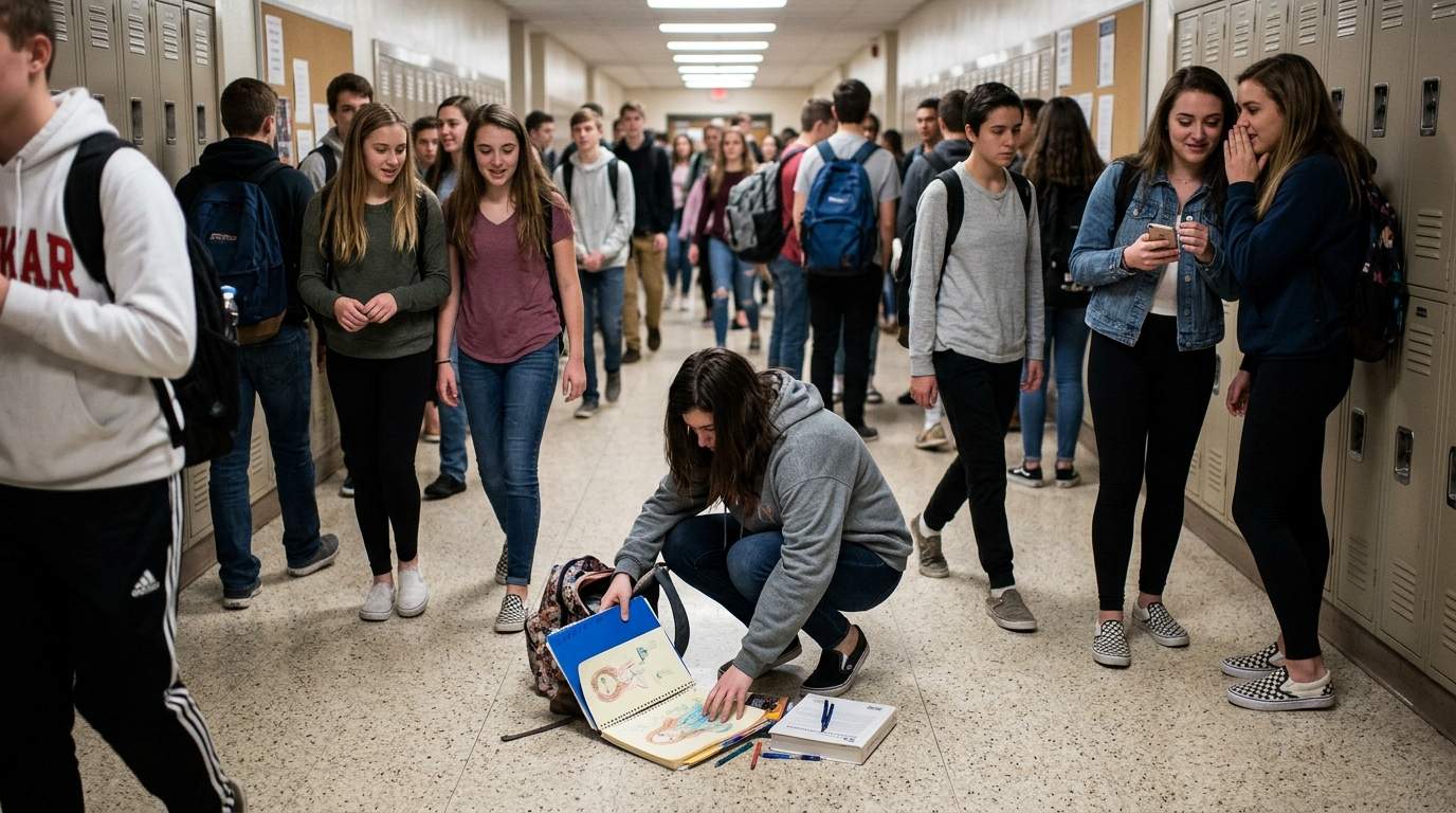 My backpack burst open in the crowded hall and everyone saw my notebook.