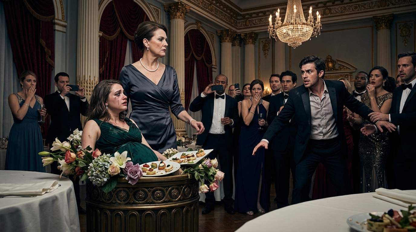 Gala Night Horror: Society Matriarch Throws Pregnant Woman into Bin, Exposing Shocking Family Secret and Igniting Elite Scandal Amidst Public Humiliation.