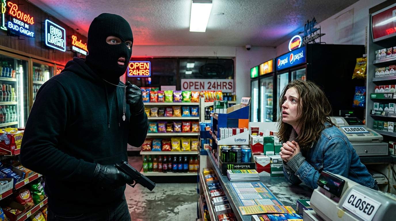 Late-Night Convenience Store Robbery: Masked Thief Freezes at Woman's Pendant, Unearthing a Chilling Thriller Shock.