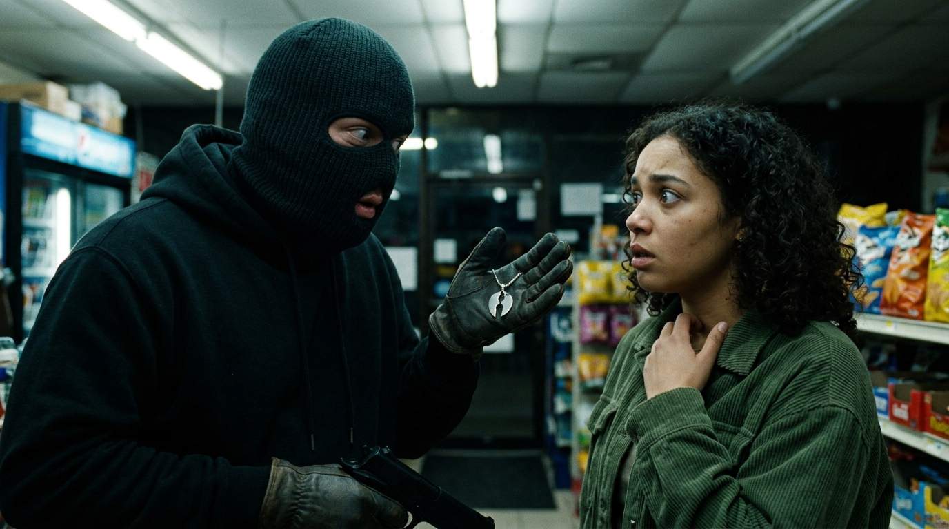 Convenience Store Heist Turns Chilling When Robber Sees This Pendant – Shocking Identity Revealed in Viral Security Footage.
