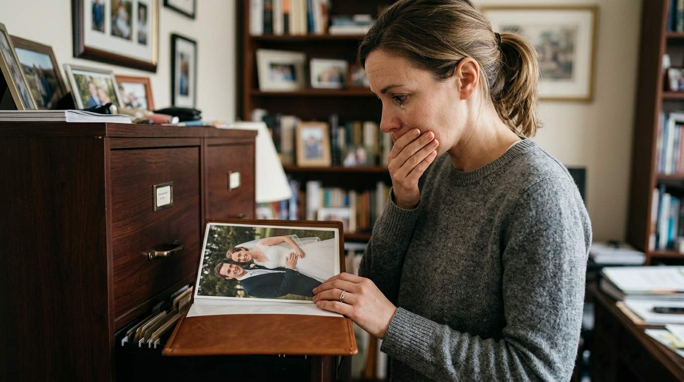 I found the wedding album in his hidden drawer, and it wasn't ours.