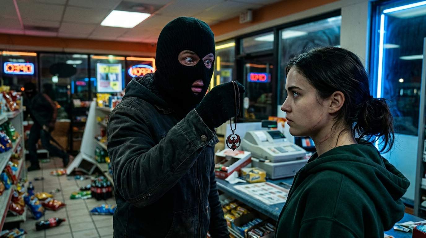 Late-Night Holdup Goes Sideways: Masked Robber Sees Pendant, Unveiling a Chilling Mystery and Secret Identity in a Thrilling Suspense.