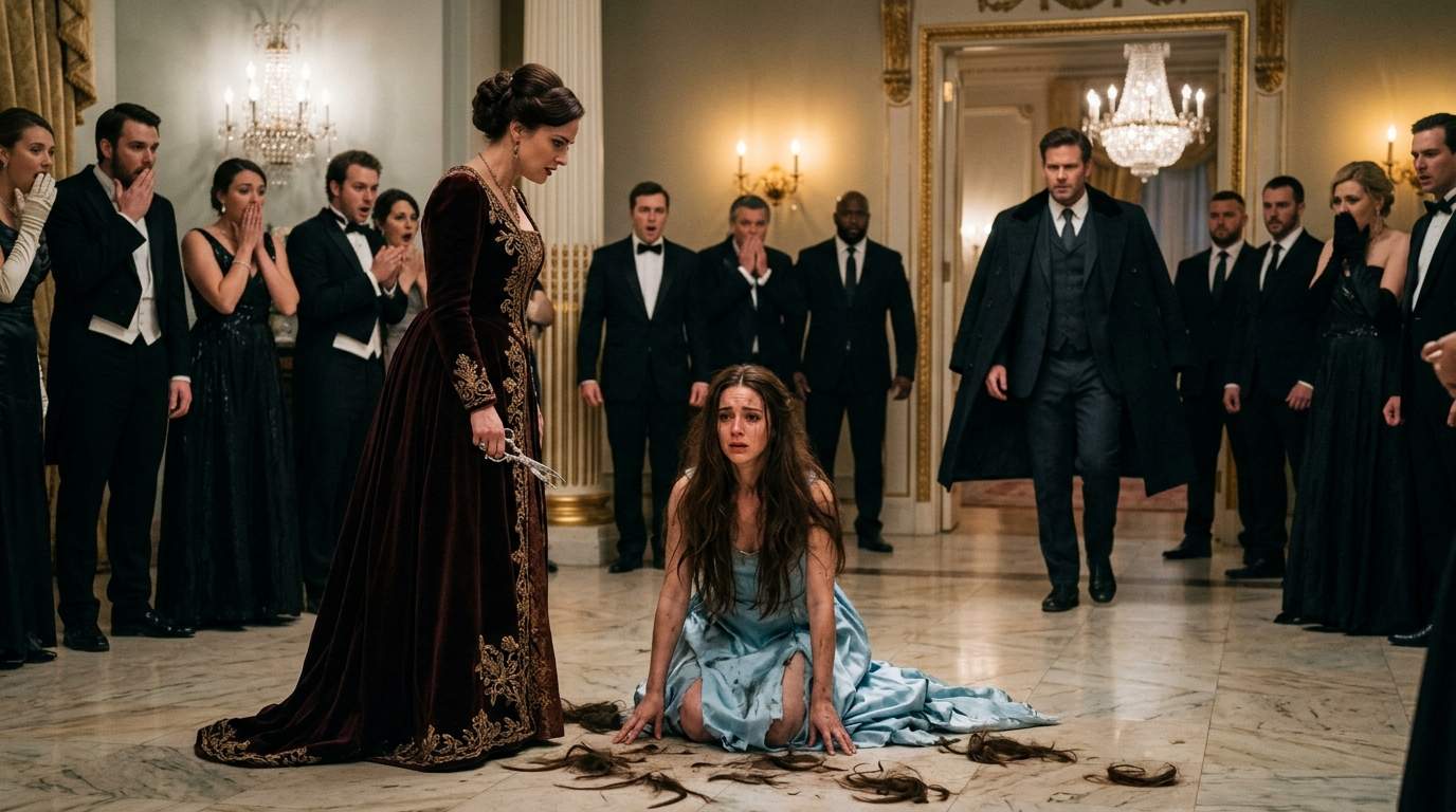 Gala Shock: Tycoon's Fiancée Humbled as Socialite Severes Her Hair in Public Humiliation Plot.