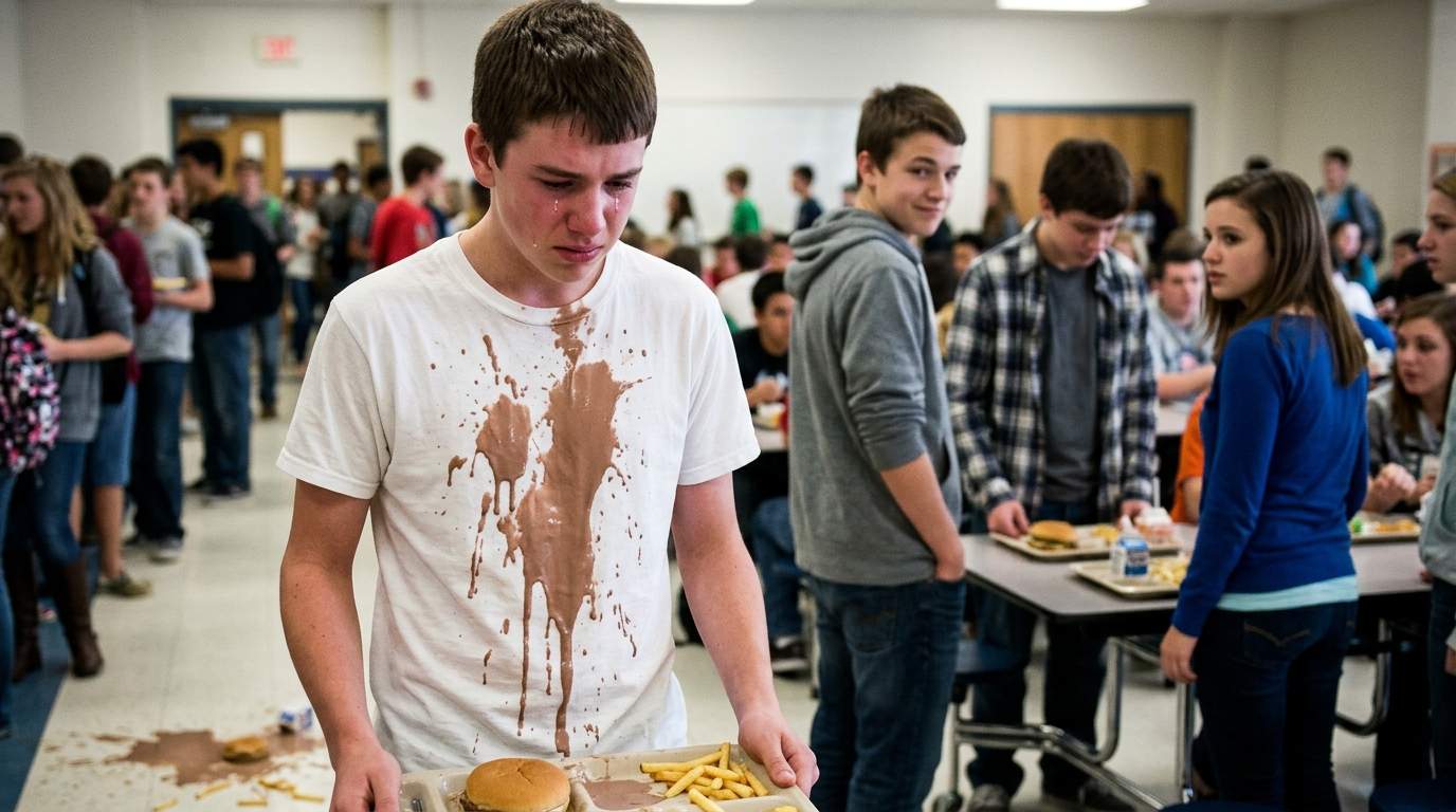 My chocolate milk exploded all over me in the cafeteria.