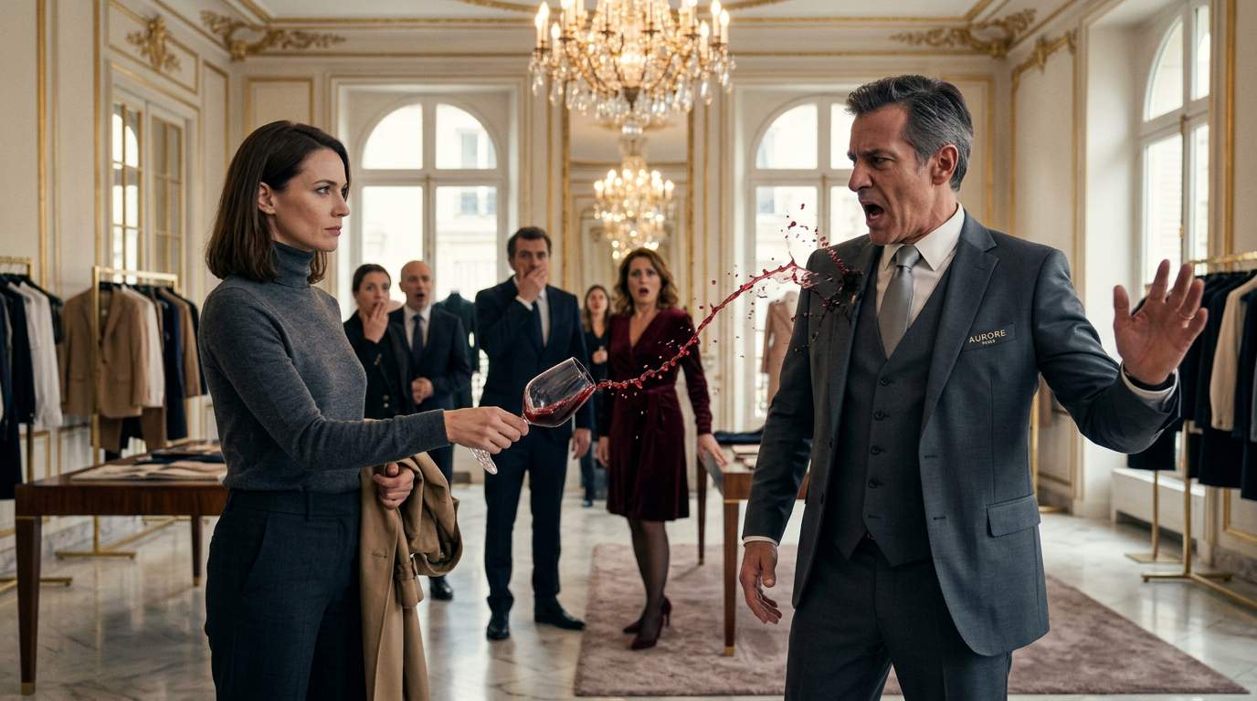 Paris Fashion Drama: Unknown Woman Throws Wine on Arrogant Manager, Revealing She's the Hidden Boss in Shocking Luxury Boutique Revenge.