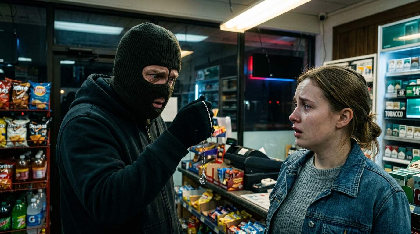 Masked Robber Freezes Mid-Heist: A Mysterious Pendant Unlocks a Five-Year-Old Identity Shock in this Convenience Store Suspense Thriller!