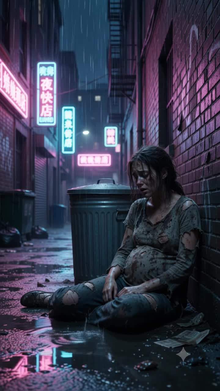 Alley's Secret Guardian: Pregnant Woman's Magical Transformation in Shadowy City.