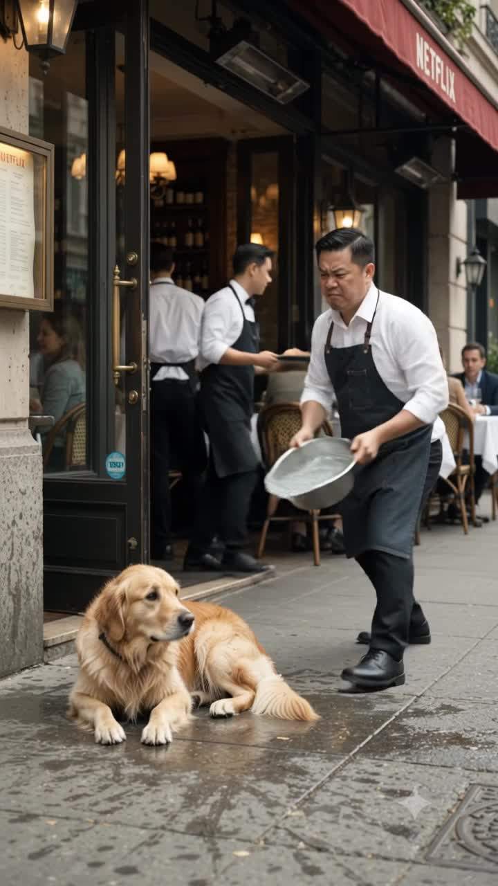 Animal Cruelty Exposed: Waiter Drenches 'Stray' Dog Outside Luxury Restaurant, Unknowingly Inciting Billionaire's Wrath and City-Wide Scandal