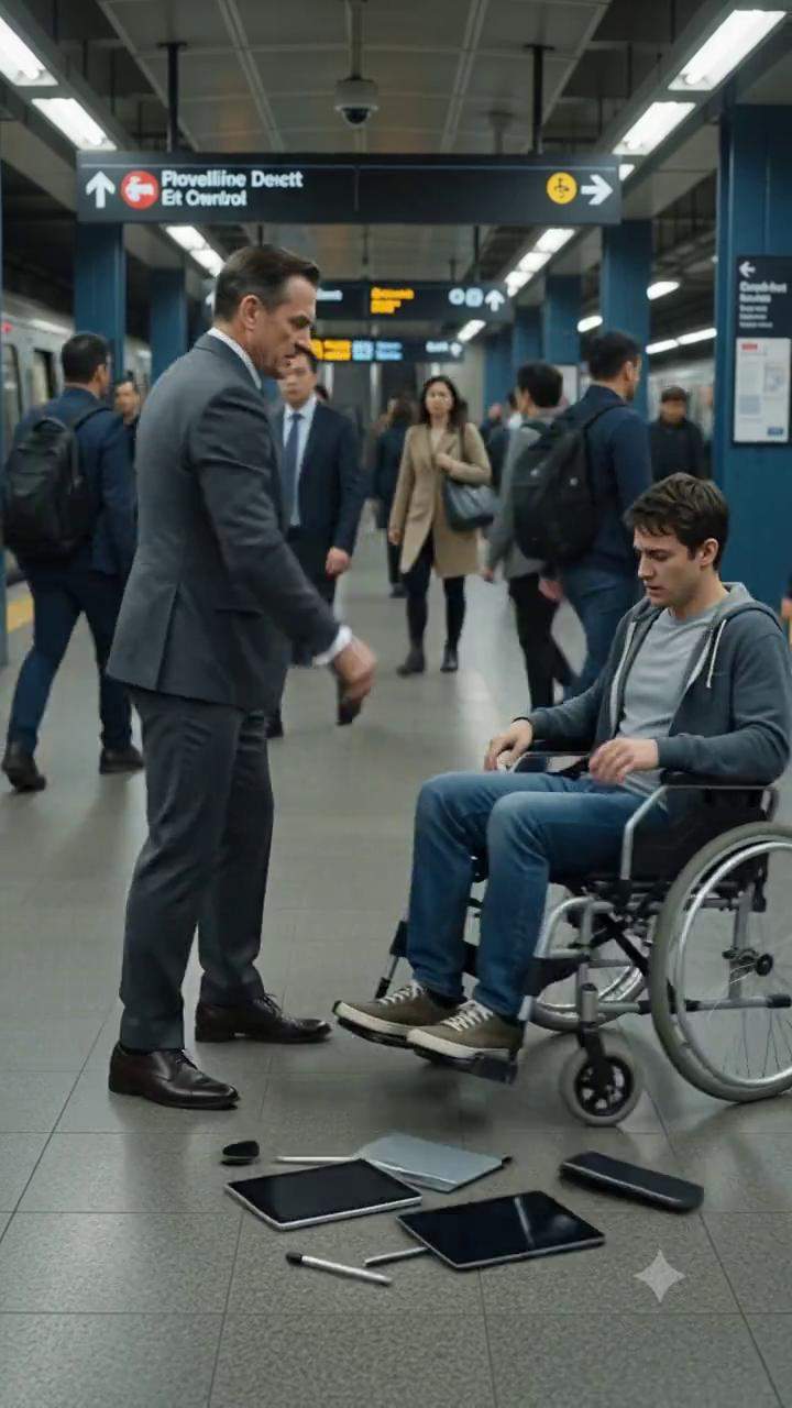 SUBWAY SHOCKER: Arrogant Executive's Cruel Shove Triggers Unthinkable Public Exposure. #CorporateScandal #DisabilityAdvocacy #ViralJustice