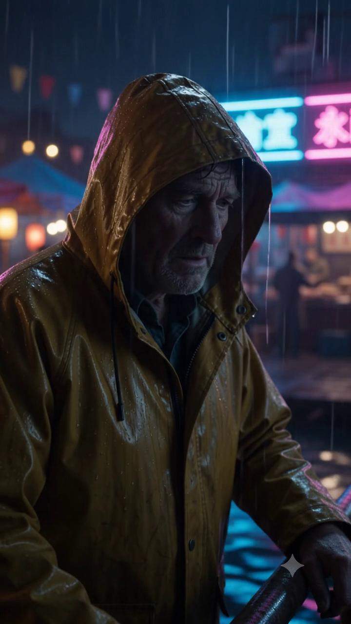 Neon Pier Mystery: Lonely Fisherman Encounters Mythic Mermaid with Glowing Bottle After Daughter's Disappearance.