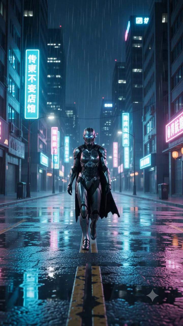 Cyberpunk Warrior Faces Unthinkable Glitch: Her Own Shadow Has Turned on Her in the Rainy Streets