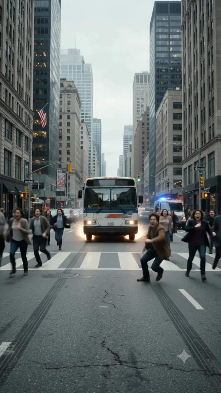 Downtown Terror: Viral Footage Shows City Bus Catastrophe Averted by Unexplained Lightning-Strike Superhuman